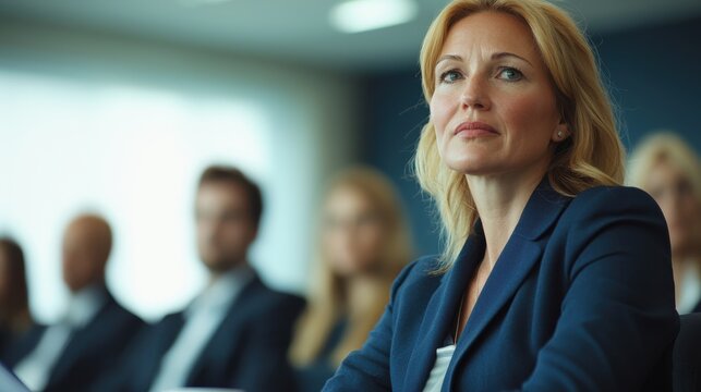 Professional woman presenting ideas in blue attire during business meeting office environment engaging viewpoint