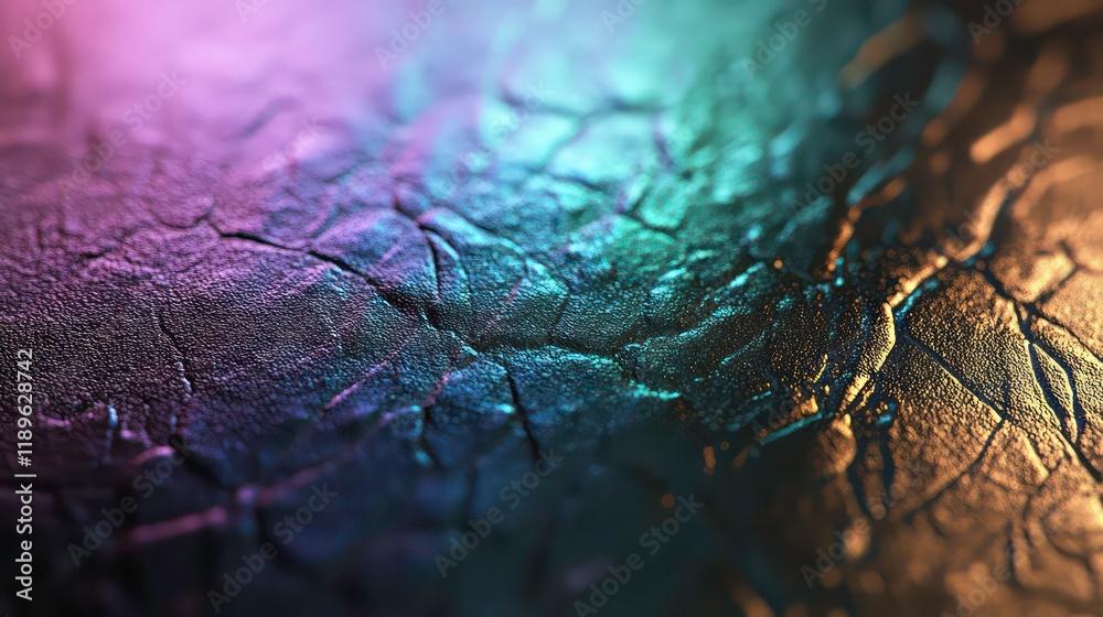 Poster abstract textured surface with vibrant, multicolored cracks and crevices under colorful lighting.