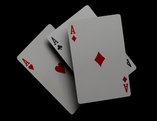 Flying playing card for poker and gambling, three aces isolated on black, clipping path