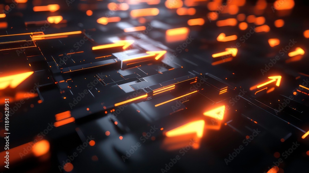 Aufkleber abstract 3d rendering of glowing orange arrows on dark, geometric surface.