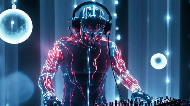 EDM DJ with Cybernetic helmet with red and blue glowing wires connecting his neurons directly to the mixers and synthesizers below. Glowing and pulsing lights background.
