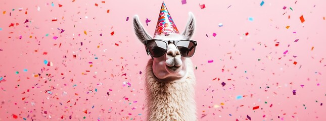 Llama wearing sunglasses and party hat blowing confetti on pink background