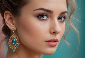 Fototapeta premium Close-up of an elegant woman wearing ornate turquoise earrings, with soft curls framing her face against a teal background.