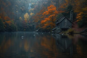 Fototapeta premium A small cabin is on the shore of a lake