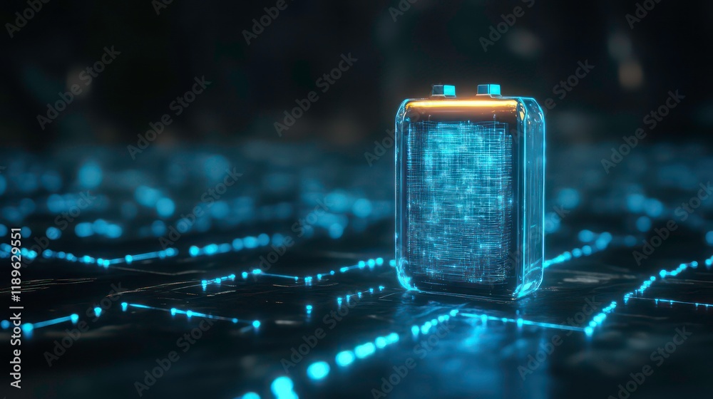 Poster Futuristic transparent device displaying glowing digital data on a dark surface with circuit lines.