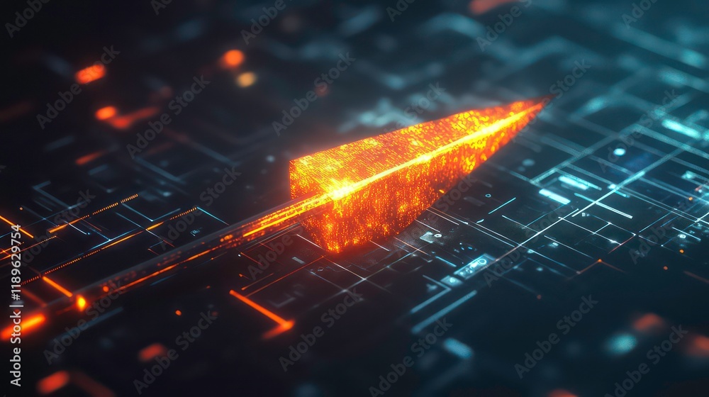 Poster Fiery arrow shaped digital data stream on circuit board.