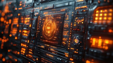 Obraz premium Futuristic control panel with glowing orange lights and intricate circuitry.
