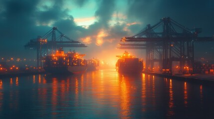 Fototapeta premium Dramatic sunset over a busy container port with cargo ships and cranes.