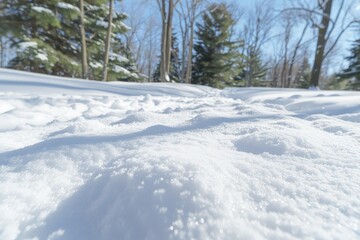 A snow covered field with trees in the background