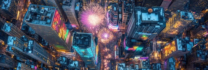 Obraz premium Stunning City Skyline Illuminated by Colorful Fireworks Against a Night Sky.