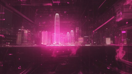 Fototapeta premium Neon Pink Cityscape at Night Futuristic Hong Kong Skyline