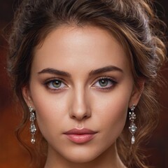 Fototapeta premium A woman with curly hair and sparkling earrings, set against a warm, blurred background. Her expression is soft and elegant.