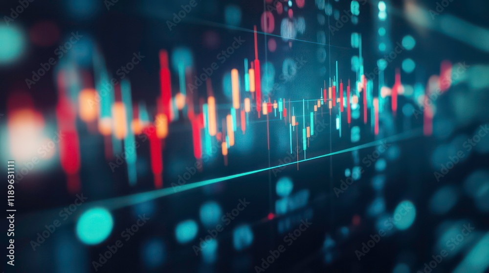 Aufkleber Abstract stock market data visualization with colorful lines and numbers on dark background.
