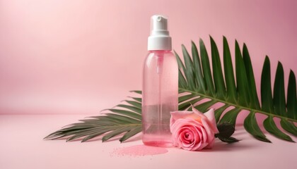 Pink Rose and Bottle Spa Still Life for Relaxation and Wellness