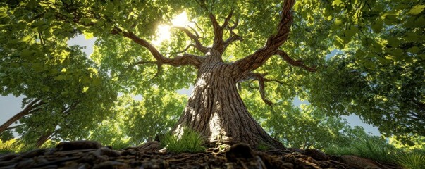 Naklejka premium Majestic Tree in Sunlit Forest Canopy A Towering Beauty Surrounded by Nature's Light