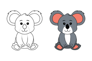 A Cute Koala isolated black and white outline with colour guide for coloring book