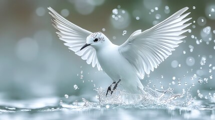 Obraz premium White bird taking flight from water, bokeh background, nature scene, wildlife photography