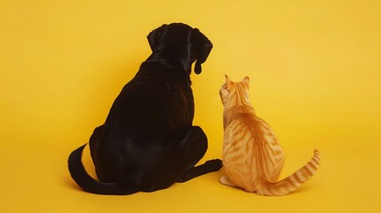 Black dog and red cat sitting together on yellow background