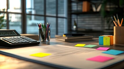 Fototapeta premium An elegant accounting report displayed on a modern desk, surrounded by colorful sticky notes and a calculator.