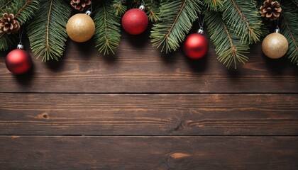 Christmas New Year decoration composition. Top view of fur-tree branches and balls frame on wooden background