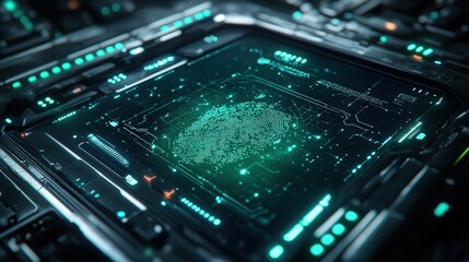 Fototapeta premium A sleek biometric scanner interface displays a detailed fingerprint pattern illuminated by vibrant green lights, highlighting cutting-edge technology in a modern setting