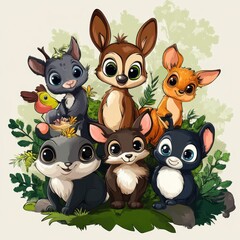 Fototapeta premium Adorable Cartoon Animals Posing Together In Lush Greenery
