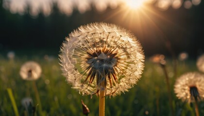 Dandelion blooming on green grass under the summer sun