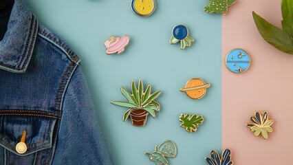 Colorful enamel pins on blue and pink background with a denim jacket