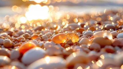 A beach scene with a lot of small rocks and a small yellow object