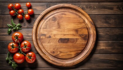 Fresh ripe tomatoes on a wooden table with a natural background