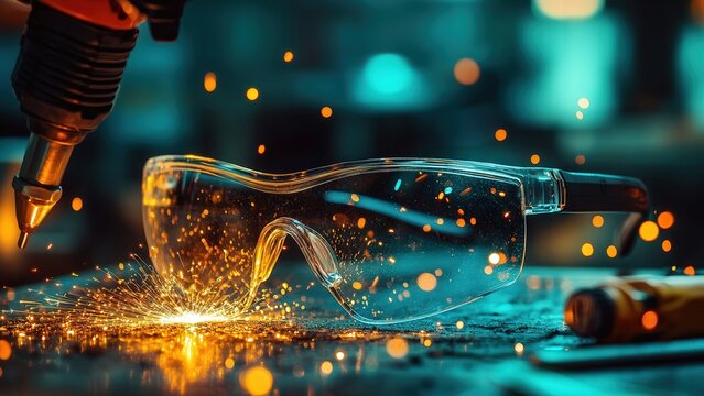 Close-up of safety glasses with welding sparks in an industrial setting