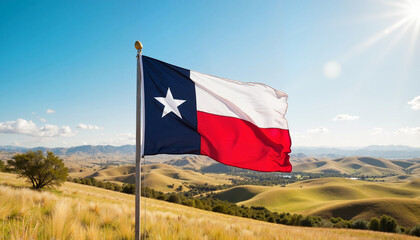 Texas flag waving against a sunny landscape