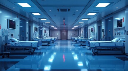 Empty hospital ward at night, rows of beds, blue lighting, reflective floor.