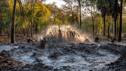 Hippopotamus mud wallow, African savanna sunset