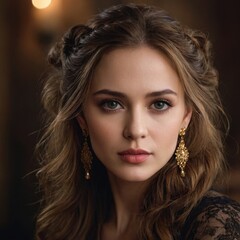 Fototapeta premium A woman with long, wavy hair styled elegantly, wearing a delicate black lace top and earrings, captured in a softly lit setting.