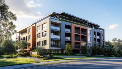 Modern residential building with multiple levels and landscaped surroundings