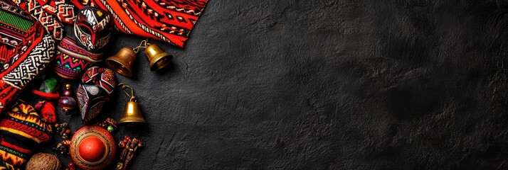 Naklejka premium Colorful artisan crafts, masks, bells; dark background; website banner
