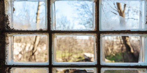 Naklejka premium A Scenic View Through a Beautiful Frosted Glass Window in a Rustic and Cozy Setting