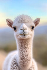 Obraz premium Cute funny baby camel on the background of natural landscape, beautiful scene 
