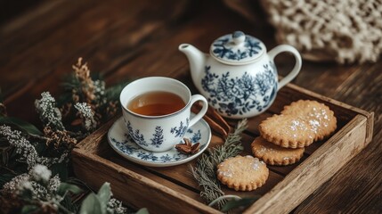 Cozy autumn scene tea, cookies, and flowers on wooden tray.