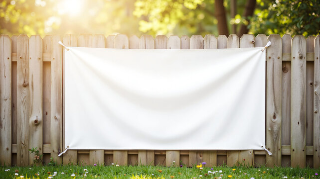 Blank outdoor banner mockup on wooden fence - ideal for event promotions, garden party invitations, neighborhood announcements or backyard wedding designs