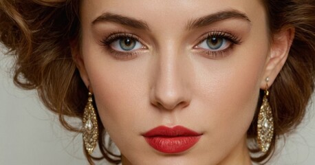 Fototapeta premium A close-up portrait featuring soft, wavy brown hair and a single dangling earring, set against a light background