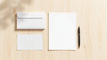 Elegant stationery mockup with white envelope, paper and pen - perfect for branding, design presentations, corporate identity, and business communication templates