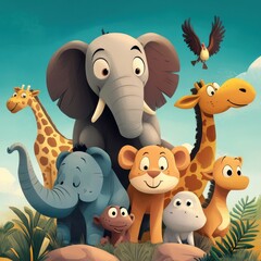 Naklejka premium Adorable Cartoon Animals Gather In African Savanna