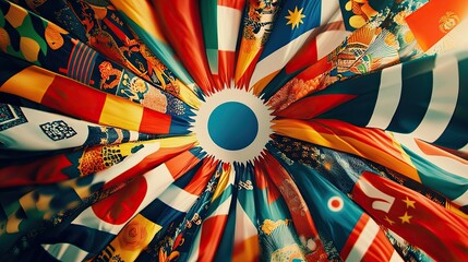 An abstract representation of Asian flags blended with cultural motifs, forming a colorful tapestry,