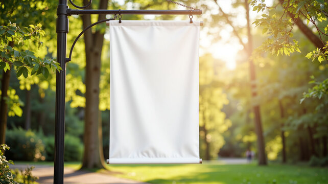 Outdoor Banner Mockup in sunlit park - perfect for nature-themed advertising, event promotion, or environmental awareness campaigns on websites and social media