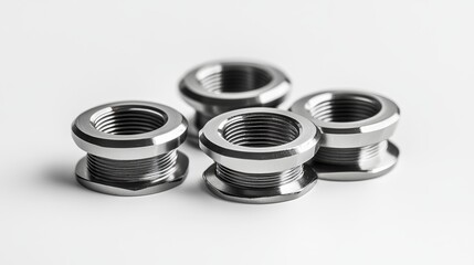 Stainless steel nuts and bolts on a white background.