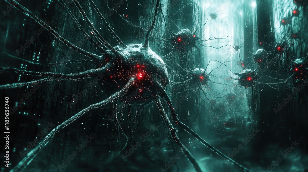Poster intricate neural network structures populate a dark digital environment, with luminous red nodes int