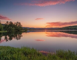 Fototapeta premium Serene lake at sunset, reflecting vibrant pink and orange hues, surrounded by lush greenery and gentle hills under a twilight sky