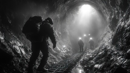 Fototapeta premium Explorers with backpacks navigate a dark, narrow cave tunnel towards a bright light.